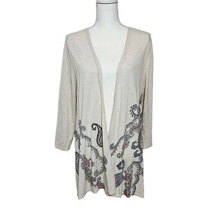 J Jill Womens Open Front Long Cardigan Sz M Beige Paisley 3/4 Sleeve Lightweight